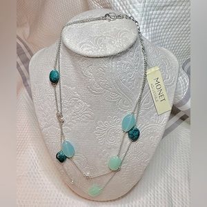 MONET Double Stranded Beaded Necklace with Silver Toned Chain